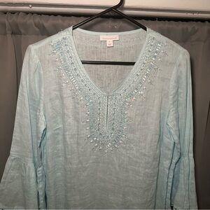 Charter Club Linen Embellished Lagenlook Tunic Top Periwinkle Blue Size Small